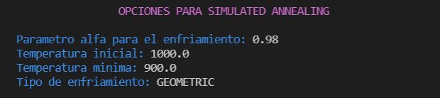 Opciones de Simulated Annealing de ejecución